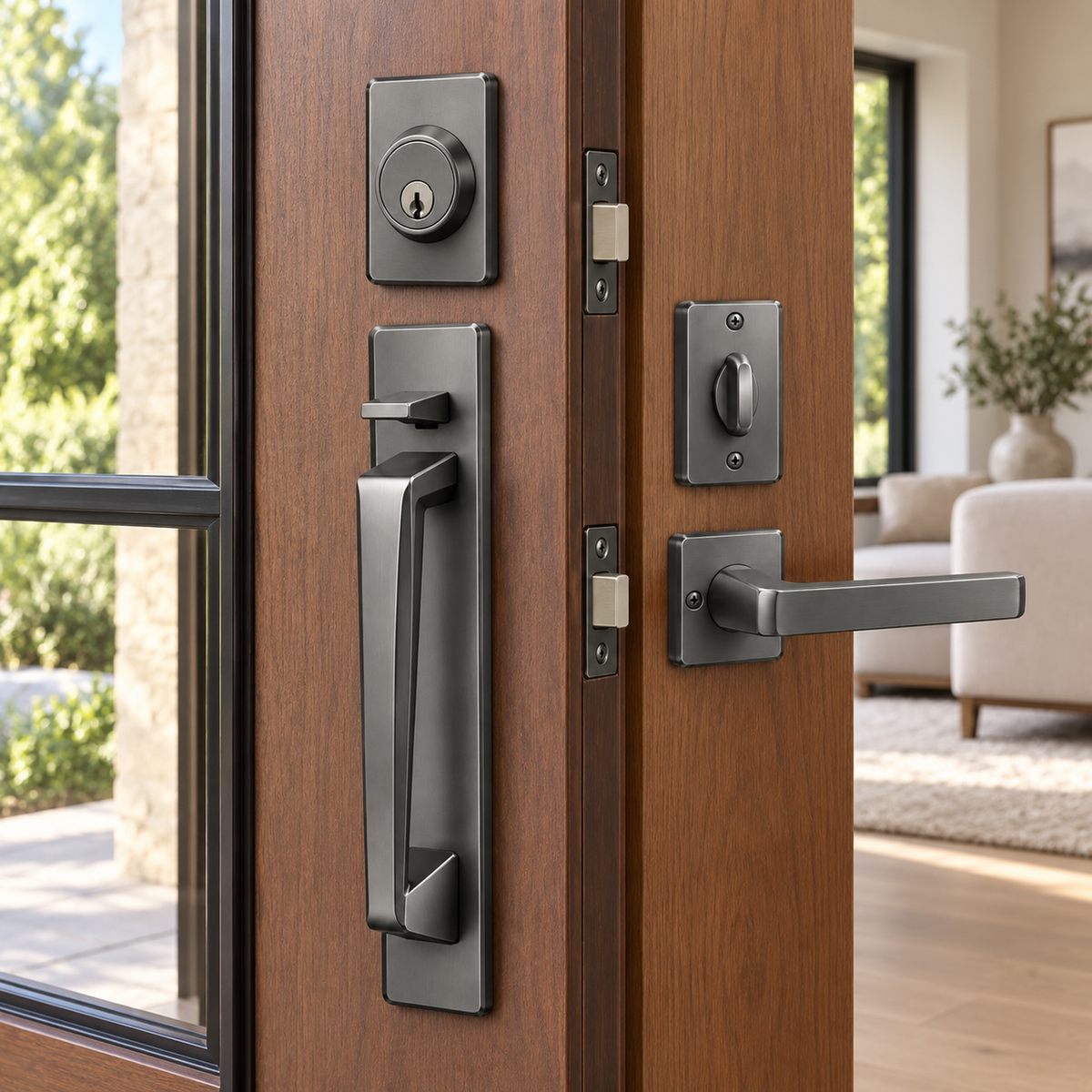 Tapered Graphite Entry Handleset with Matching Deadbolt